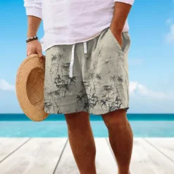 OUKU Men's Graphic Plants Summer Shorts Beach Shorts Mid Waist Streetwear Hawaiian Designer Casual Daily Holiday Elastic Waist 3D Print Drawstring Designer Clothing Apparel
