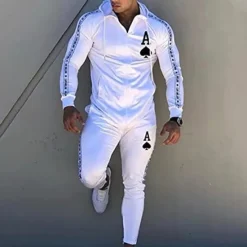 Outlet OUKU Men's Graphic Poker 2pcs 3D Sweatshirt Sets Hoodie Tracksuit Long Sleeve Long pants Hooded Streetwear Designer Basic Sports & Outdoor Casual Sports Zipper Print Spring Fall White