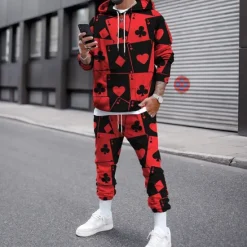 New OUKU Men's Graphic Poker 2pcs 3D Sweatshirt Sets Tracksuit Hoodies Long Sleeve Long pants Hooded Streetwear Designer Basic Sports & Outdoor Casual Sports Print Spring Fall Black And White Light Yellow