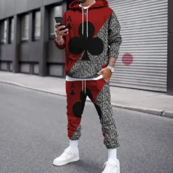 New OUKU Men's Graphic Poker 2pcs 3D Sweatshirt Sets Tracksuit Hoodies Long Sleeve Long pants Hooded Streetwear Designer Basic Sports & Outdoor Casual Sports Print Spring Fall Black And White Light Yellow