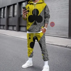 New OUKU Men's Graphic Poker 2pcs 3D Sweatshirt Sets Tracksuit Hoodies Long Sleeve Long pants Hooded Streetwear Designer Basic Sports & Outdoor Casual Sports Print Spring Fall Black And White Light Yellow