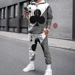 New OUKU Men's Graphic Poker 2pcs 3D Sweatshirt Sets Tracksuit Hoodies Long Sleeve Long pants Hooded Streetwear Designer Basic Sports & Outdoor Casual Sports Print Spring Fall Black And White Light Yellow