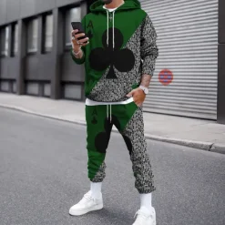 New OUKU Men's Graphic Poker 2pcs 3D Sweatshirt Sets Tracksuit Hoodies Long Sleeve Long pants Hooded Streetwear Designer Basic Sports & Outdoor Casual Sports Print Spring Fall Black And White Light Yellow