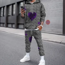 New OUKU Men's Graphic Poker 2pcs 3D Sweatshirt Sets Tracksuit Hoodies Long Sleeve Long pants Hooded Streetwear Designer Basic Sports & Outdoor Casual Sports Print Spring Fall Black And White Light Yellow