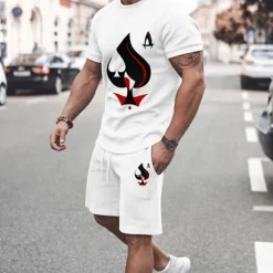 Outlet OUKU Men's Graphic Poker 2pcs Tees sets Matching Sets Short Sleeve Short Pants Crew Neck Fashion Lightweight Basic Street Daily Sports Print Summer Spring Black White Yellow