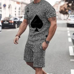 Outlet OUKU Men's Graphic Poker 2pcs Tees sets Matching Sets Short Sleeve Short Pants Crew Neck Fashion Lightweight Basic Street Daily Sports Print Summer Spring Black White Yellow