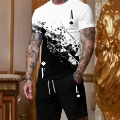 Clearance OUKU Men's Graphic Poker 2pcs Tees sets Matching Sets Short Sleeve Short Pants Crew Neck Designer Casual Comfortable Outdoor Vacation Daily 3D Print Spring & Summer Black