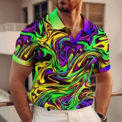 New OUKU Men's Graphic Polo Shirts Golf Shirt Short Sleeve Polo Shirts V Neck Casual Vacation Wear Rave Wear Party Outfits 3D Print Yellow Red Blue