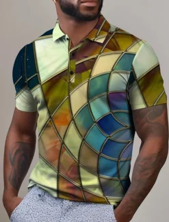 Best OUKU Men's Graphic Polo Shirts Golf Shirt Short Sleeve Polo Shirts Collared Shirts Casual Vacation Wear Rave Wear Party Outfits Buttons 3D Print Spring & Summer Pink Purple Green