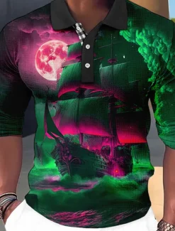 Online OUKU Men's Graphic Polo Shirts Golf Shirt Long Sleeve Polo Shirts Collared Shirts Vintage Casual Vacation Wear Boat Wear Party Outfits Buttons 3D Print Red Royal Blue Blue