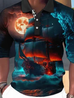 Online OUKU Men's Graphic Polo Shirts Golf Shirt Long Sleeve Polo Shirts Collared Shirts Vintage Casual Vacation Wear Boat Wear Party Outfits Buttons 3D Print Red Royal Blue Blue