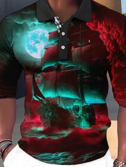 Online OUKU Men's Graphic Polo Shirts Golf Shirt Long Sleeve Polo Shirts Collared Shirts Vintage Casual Vacation Wear Boat Wear Party Outfits Buttons 3D Print Red Royal Blue Blue