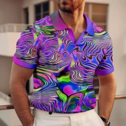 Online OUKU Men's Graphic Polo Shirts Golf Shirt Short Sleeve Polo Shirts V Neck Casual Vacation Wear Rave Wear Party Outfits 3D Print Red Blue Purple