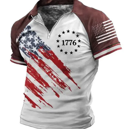 New OUKU Men's Graphic Prints American Flag Veterans Patriotic Polo Shirts Zip Polo Golf Shirt Short Sleeves Shirt Turndown Outdoor Street Black Wine Blue Brown Zipper Print Clothing Apparel Fashion Designer