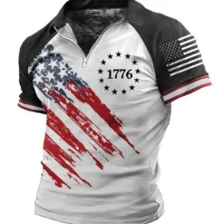 New OUKU Men's Graphic Prints American Flag Veterans Patriotic Polo Shirts Zip Polo Golf Shirt Short Sleeves Shirt Turndown Outdoor Street Black Wine Blue Brown Zipper Print Clothing Apparel Fashion Designer