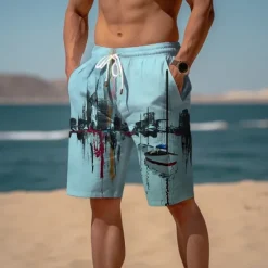 Sale OUKU Men's Graphic Prints Building Sailboat Beach Shorts Terry Shorts Mid Waist Casual Athleisure Daily Holiday Streetwear Drawstring Elastic Waist 3D Print Designer Clothing Apparel