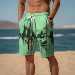 Sale OUKU Men's Graphic Prints Building Sailboat Beach Shorts Terry Shorts Mid Waist Casual Athleisure Daily Holiday Streetwear Drawstring Elastic Waist 3D Print Designer Clothing Apparel