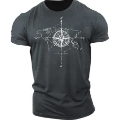 Outlet OUKU Men's Graphic Prints Compass T Shirt Graphic Tee 100% Cotton Short Sleeve Graphic Shirt Black Army Green Dark Gray Comfortable Tee Outdoor Street Fashion Designer Clothing