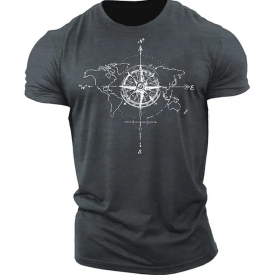 Outlet OUKU Men's Graphic Prints Compass T Shirt Graphic Tee 100% Cotton Short Sleeve Graphic Shirt Black Army Green Dark Gray Comfortable Tee Outdoor Street Fashion Designer Clothing