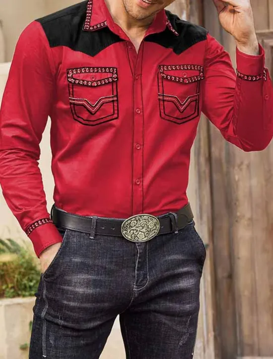 OUKU Men's Graphic Prints Cowboy Shirt Western Shirt Cowboy Shirt Long Sleeve Fashion Streetwear Designer Outdoor Daily Fall & Winter Turndown Print Red