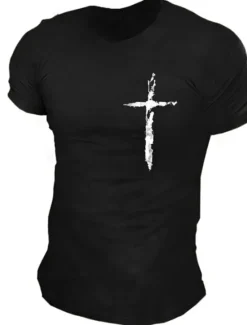 Outlet OUKU Men's Graphic Prints Cross 100% Cotton T Shirt Graphic Tee Cotton Short Sleeves Graphic Shirt Black White Navy Blue Comfortable Tee Vacation Street Fashion Designer Clothing