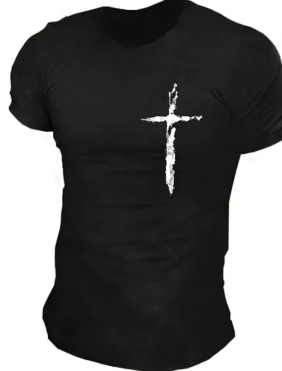 Outlet OUKU Men's Graphic Prints Cross 100% Cotton T Shirt Graphic Tee Cotton Short Sleeves Graphic Shirt Black White Navy Blue Comfortable Tee Vacation Street Fashion Designer Clothing