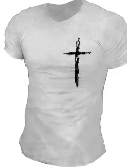 Outlet OUKU Men's Graphic Prints Cross 100% Cotton T Shirt Graphic Tee Cotton Short Sleeves Graphic Shirt Black White Navy Blue Comfortable Tee Vacation Street Fashion Designer Clothing