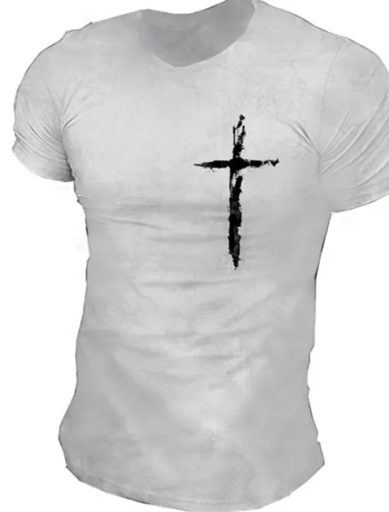 Outlet OUKU Men's Graphic Prints Cross 100% Cotton T Shirt Graphic Tee Cotton Short Sleeves Graphic Shirt Black White Navy Blue Comfortable Tee Vacation Street Fashion Designer Clothing