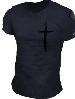 Outlet OUKU Men's Graphic Prints Cross 100% Cotton T Shirt Graphic Tee Cotton Short Sleeves Graphic Shirt Black White Navy Blue Comfortable Tee Vacation Street Fashion Designer Clothing