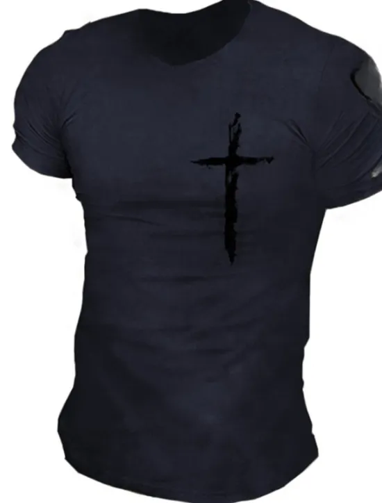 Outlet OUKU Men's Graphic Prints Cross 100% Cotton T Shirt Graphic Tee Cotton Short Sleeves Graphic Shirt Black White Navy Blue Comfortable Tee Vacation Street Fashion Designer Clothing
