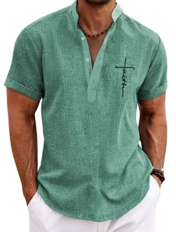 Clearance OUKU Men's Graphic Prints Cross Shirt Linen Shirt Short Sleeve Shirt Stand Collar Outdoor Street Pink Blue Green Khaki Gray Print Clothing Apparel Fashion Streetwear Designer Casual