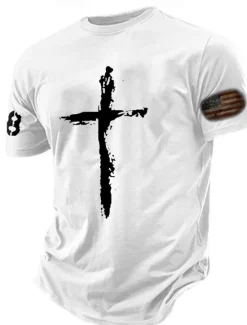 OUKU Men's Graphic Prints Cross Faith T Shirt Graphic Tee Cotton Short Sleeves Graphic Shirt Black White Navy Blue Comfortable Tee Vacation Street Fashion Designer Clothing