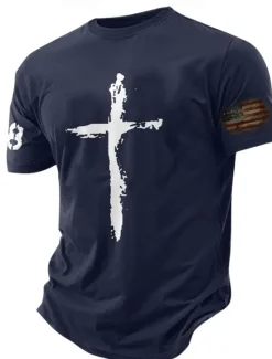 OUKU Men's Graphic Prints Cross Faith T Shirt Graphic Tee Cotton Short Sleeves Graphic Shirt Black White Navy Blue Comfortable Tee Vacation Street Fashion Designer Clothing