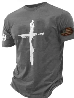 OUKU Men's Graphic Prints Cross Faith T Shirt Graphic Tee Cotton Short Sleeves Graphic Shirt Black White Navy Blue Comfortable Tee Vacation Street Fashion Designer Clothing
