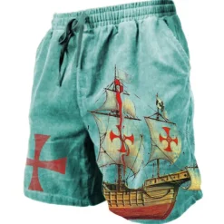 Hot OUKU Men's Graphic Prints Cross Sailboat Sweat Shorts Beach Shorts Terry Shorts Mid Waist Casual Athleisure Daily Holiday Streetwear Drawstring Elastic Waist 3D Print Designer Clothing Apparel