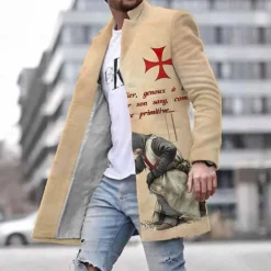 Hot OUKU Men's Graphic Prints Cross Soldier Winter Coat Overcoat Coat Warm Breathable Comfortable Fashion Streetwear Business Work Wear to work Going out Pocket Print Fall & Winter Turndown Long Sleeve khaki