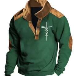 New OUKU Men's Graphic Prints Faith Sweatshirts Sweatshirt Pullover Long Sleeve Sweatshirt Stand Collar Daily Casual Vintage Retro 3D Print Vacation Going out Streetwear Buttons Spring & Fall