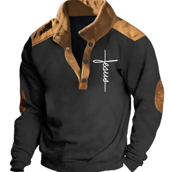 New OUKU Men's Graphic Prints Faith Sweatshirts Sweatshirt Pullover Long Sleeve Sweatshirt Stand Collar Daily Casual Vintage Retro 3D Print Vacation Going out Streetwear Buttons Spring & Fall