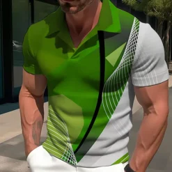 Clearance OUKU Men's Graphic Prints Geometry Linear Polo Shirt Golf Shirt Short Sleeves Shirt Cuban Collar Outdoor Street Purple Green Print Clothing Apparel Fashion Designer Casual Breathable