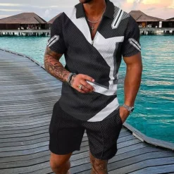 Outlet OUKU Men's Graphic Prints Geometry Polo Shirt Golf Shirt Polo Set Short Sleeve Shirt Turndown Street Casual Apricot Black White Zipper Print Clothing Apparel Fashion Designer Casual Breathable