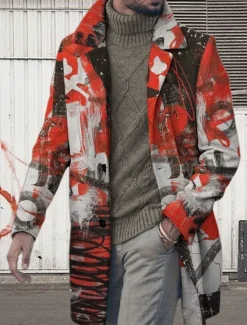 Clearance OUKU Men's Graphic Prints Graffiti Winter Coat Overcoat Coat Warm Breathable Comfortable Fashion Streetwear Business Work Wear to work Going out Pocket Print Fall & Winter Turndown Long Sleeve Red Blue