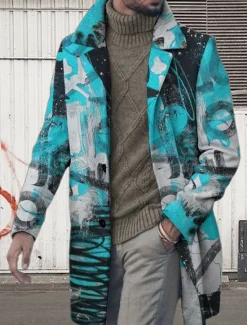 Clearance OUKU Men's Graphic Prints Graffiti Winter Coat Overcoat Coat Warm Breathable Comfortable Fashion Streetwear Business Work Wear to work Going out Pocket Print Fall & Winter Turndown Long Sleeve Red Blue