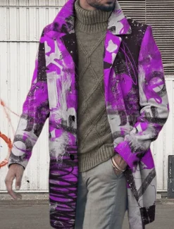 Clearance OUKU Men's Graphic Prints Graffiti Winter Coat Overcoat Coat Warm Breathable Comfortable Fashion Streetwear Business Work Wear to work Going out Pocket Print Fall & Winter Turndown Long Sleeve Red Blue