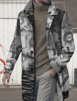 Clearance OUKU Men's Graphic Prints Graffiti Winter Coat Overcoat Coat Warm Breathable Comfortable Fashion Streetwear Business Work Wear to work Going out Pocket Print Fall & Winter Turndown Long Sleeve Red Blue