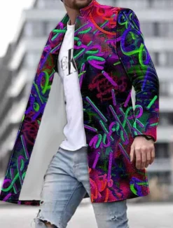 Best OUKU Men's Graphic Prints Graffiti Winter Coat Overcoat Coat Warm Breathable Comfortable Fashion Streetwear Business Work Wear to work Going out Pocket Print Fall & Winter Turndown Long Sleeve Yellow