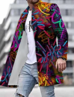 Best OUKU Men's Graphic Prints Graffiti Winter Coat Overcoat Coat Warm Breathable Comfortable Fashion Streetwear Business Work Wear to work Going out Pocket Print Fall & Winter Turndown Long Sleeve Yellow