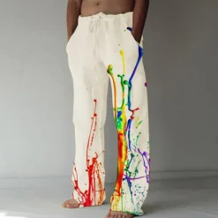 Hot OUKU Men's Graphic Prints Graffiti Linen Pants Trousers Summer Pants Mid Waist Fashion Streetwear Casual Daily Drawstring Elastic Waist Front Pocket Spring & Summer 3D Print Light Khaki Black White