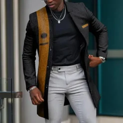 Discount OUKU Men's Graphic Prints Guitar Winter Coat Overcoat Coat Warm Breathable Comfortable Fashion Streetwear Business Work Wear to work Going out Pocket Print Fall & Winter Turndown Long Sleeve Yellow Blue