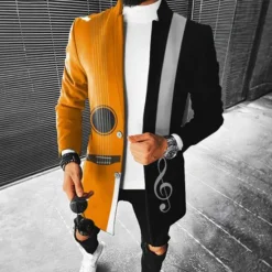 Best OUKU Men's Graphic Prints Guitar Winter Coat Overcoat Coat Warm Breathable Comfortable Fashion Streetwear Business Work Wear to work Going out Pocket Print Fall & Winter Turndown Long Sleeve Yellow Blue