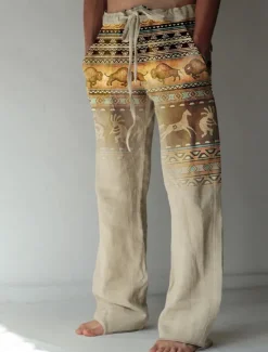 Outlet OUKU Men's Graphic Prints Linen Pants Baggy Pants Mid Waist Streetwear Hawaiian Designer Casual Daily Holiday Drawstring Elastic Waist Front Pocket Spring & Summer 3D Print Green Khaki Gray